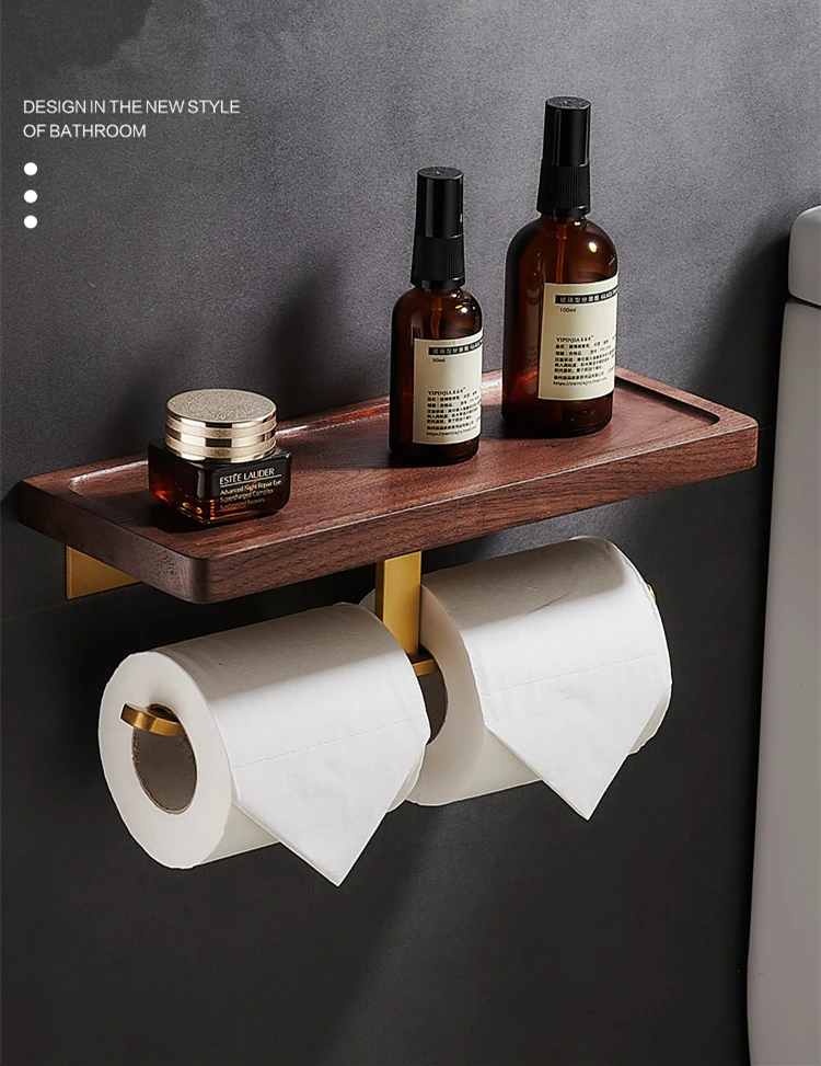 2in1 Walnut Wooden Roll Paper Rack Bathroom Wall Mounted Toilet Phone Holder
